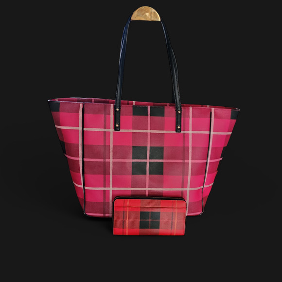 Kate Spade Ellison Avenue Sidney Tote Bag, Plaid Snapdragon Pink and wallet - Picture 3 of 15